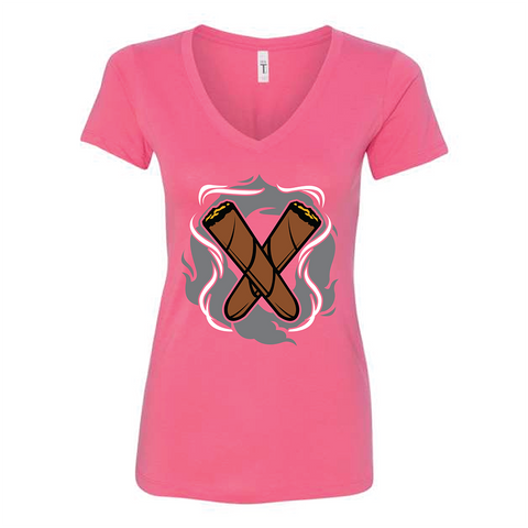 Hot Pink Cigar Pxrn Logo Women's V-Neck T-Shirt